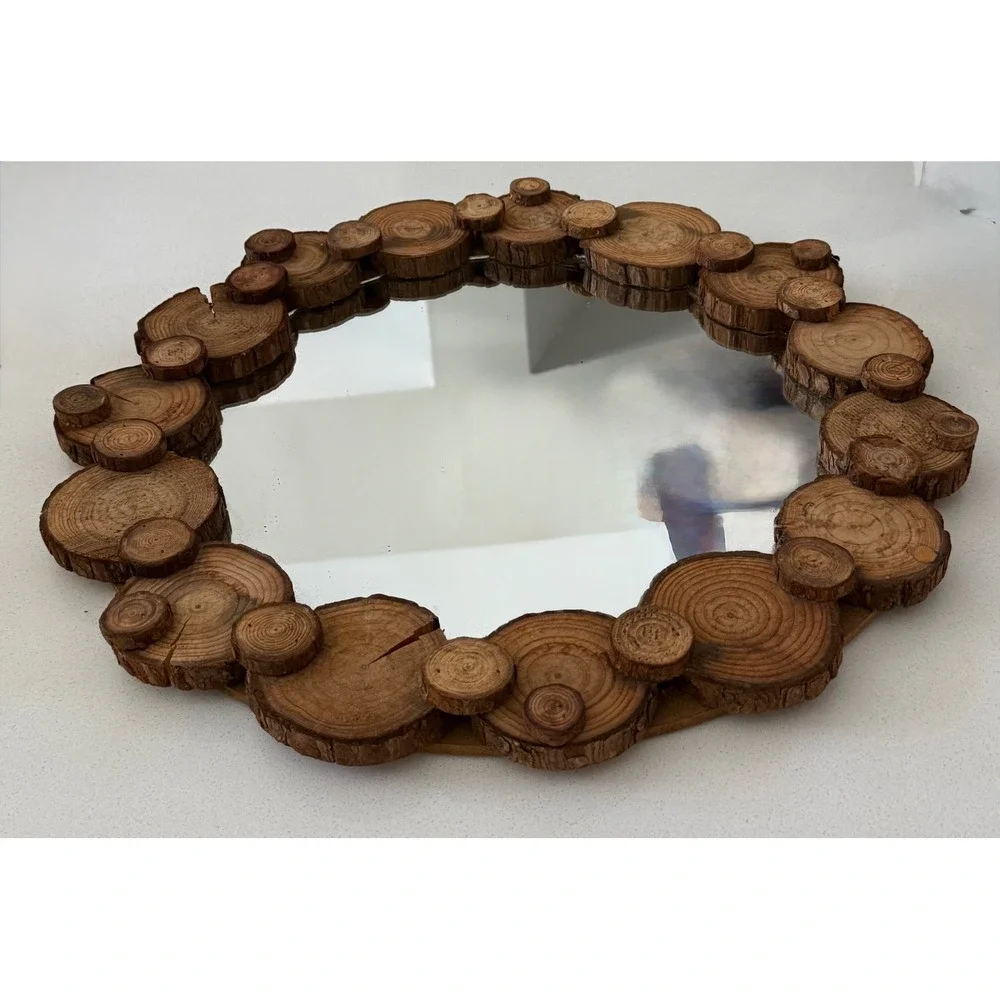 Vtg Rustic Round Wall Mirror Natural Wood Log Slice Frame Tree Ring Cabin Decor